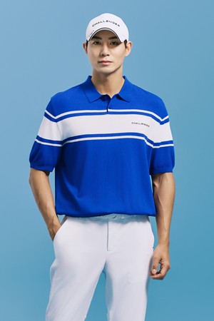 남성 배색 스트라이프 카라 니트 풀오버 블루_BLUE-a