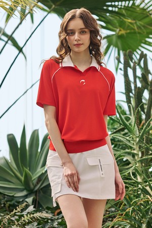 여성 레글런 라인 배색 파이핑 카라 반팔 티셔츠 레드_RED-a