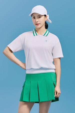 여성 쿨 터치 배색 립 디테일 카라 반팔 티셔츠 화이트_WHITE-a