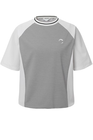 여성 우븐 배색 래글런 스트링 라운드 반팔 티셔츠 멜란지그레이_GREY-a