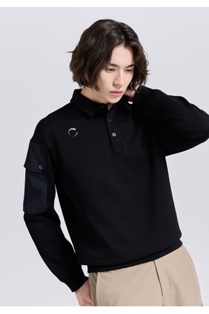 남성 유니크핏 소매포켓 카라 긴팔 티셔츠 블랙_BLACK-a