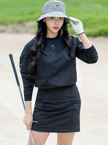 여성 어반 셔링소매 아웃포켓 라운드 우븐탑 블랙-a