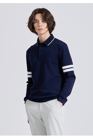 남성 더블라인 소매배색 카라넥 긴팔 티셔츠 네이비_NAVY-a