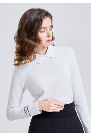 여성 소프트 기모 배색 카라 긴팔 티셔츠 화이트_WHITE-a