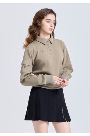 여성 우븐포켓 카라넥 긴팔 기모 티셔츠 베이지_BEIGE-a