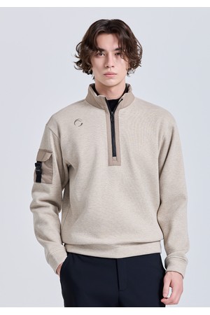 남성 밍크본딩 우븐믹스 반집업 긴팔 티셔츠 베이지_BEIGE-a