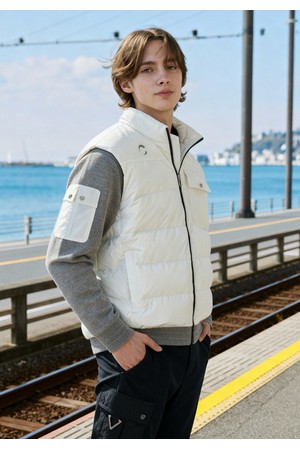 남성 니트 하이브리드 숄더 프리 스윙 구스다운 자켓 아이보리_IVORY-a