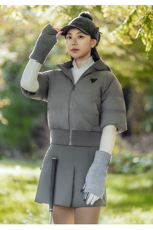 여성 후드 탈부착 멜란지 반팔 다운 자켓 카키베이지_KHAKI-a