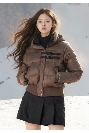 여성 후드 탈부착 글로시 푸퍼 패딩 자켓 브라운_BROWN-a
