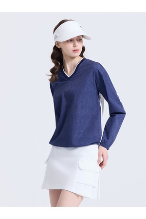 여성 빅로고 배색 브이넥 우븐탑 네이비_NAVY-a