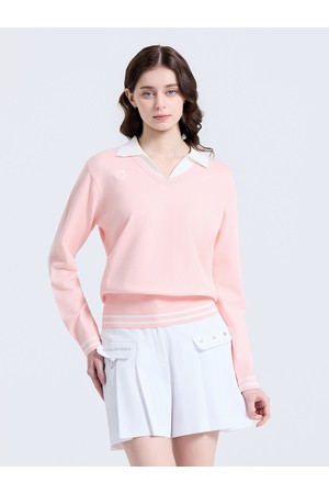 여성 레이어드 카라 V넥 니트 풀오버 라이트핑크_PINK-a