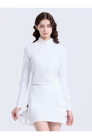 여성 셔링 포인트 소프트 모크넥 긴팔 티셔츠 화이트_WHITE-a