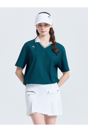 여성 V카라넥 스트링 반팔 티셔츠 다크그린_GREEN-a