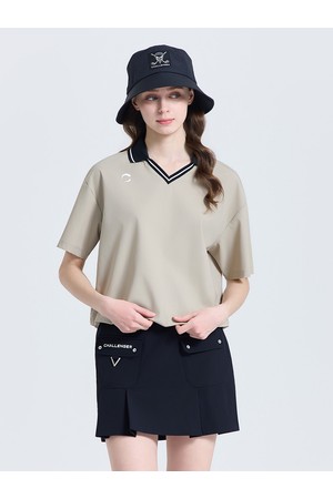 여성 V카라넥 스트링 반팔 티셔츠 베이지_BEIGE-a