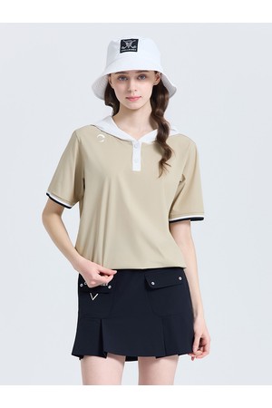 여성 베이직 후드 반팔 우븐탑 베이지_BEIGE-a