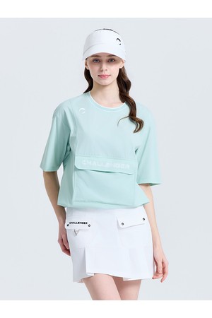 여성 캥거루 포켓 라운드 반팔 우븐탑 민트_GREEN-a