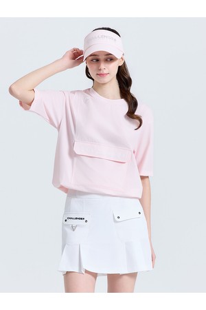 여성 캥거루 포켓 라운드 반팔 우븐탑 라이트핑크_PINK-a