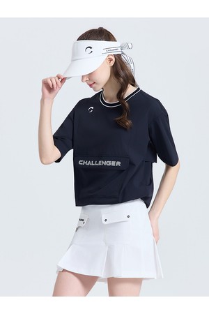 여성 캥거루 포켓 라운드 반팔 우븐탑 블랙_BLACK-a