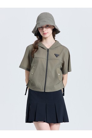 여성 모노엣지 셔링 반팔 후드 자켓 카키베이지_KHAKI-a