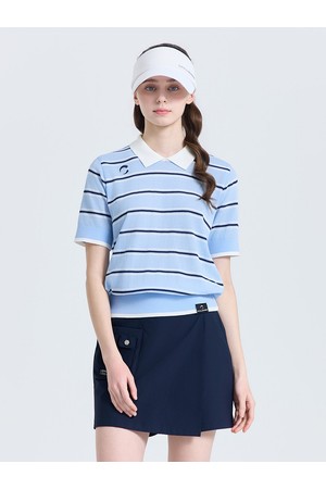 여성 린넨 스트라이프 카라 반팔 니트 스카이블루_BLUE-a