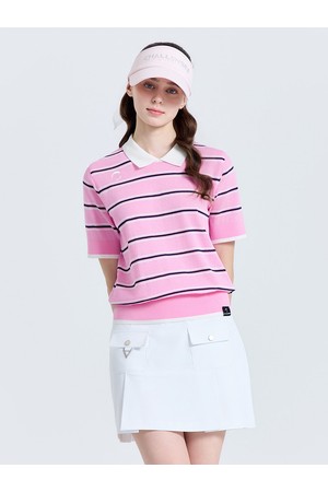 여성 린넨 스트라이프 카라 반팔 니트 핑크_PINK-a
