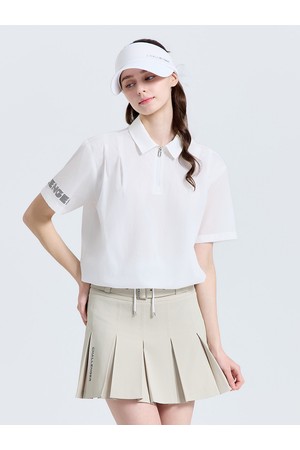 여성 제로라이트 벌룬 스트링 카라 반팔 우븐탑 화이트_WHITE-a