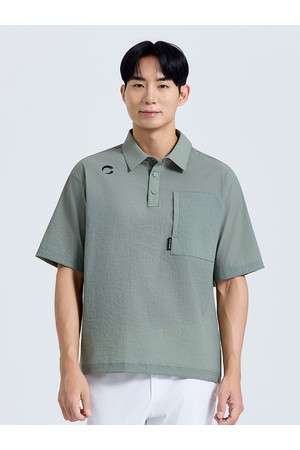 남성 포켓 포인트 카라 반팔 우븐탑 라이트카키_KHAKI-a