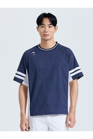 남성 스컬 포인트 배색 라운드 반팔 우븐탑 네이비_NAVY-a