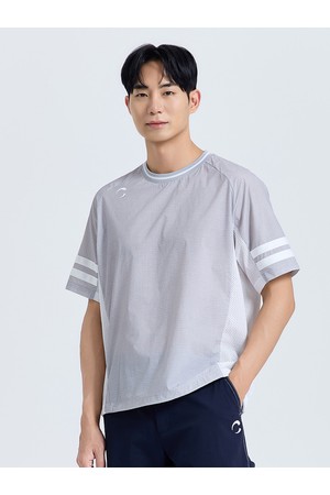 남성 스컬 포인트 배색 라운드 반팔 우븐탑 라이트그레이_GREY-a