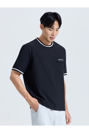 남성 인포켓 라운드 반팔 우븐탑 블랙_BLACK-a