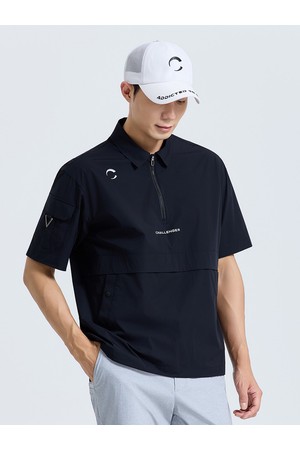 남성 제로라이트 지퍼 카라 반팔 우븐탑 블랙_BLACK-a