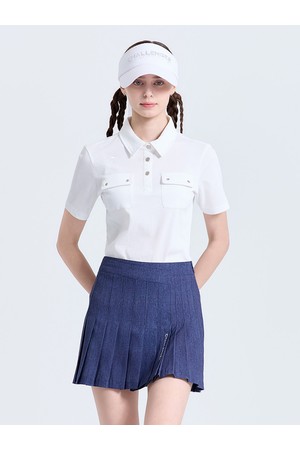 여성 슬림핏 Y카라 반팔 티셔츠 화이트_WHITE-a
