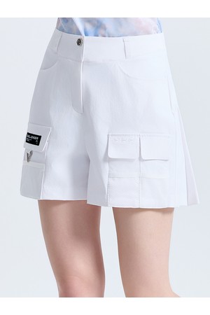 여성 메쉬 카고포켓 백플리츠 하프 팬츠 화이트_WHITE-a