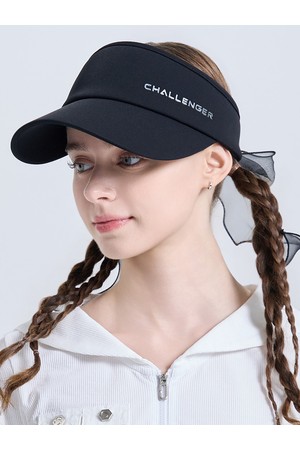 여성 메탈 로고 오간자 리본 탈부착 밴딩 썬캡 블랙_BLACK-a
