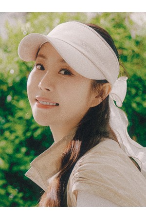 여성 메탈 로고 오간자 리본 탈부착 밴딩 썬캡 베이지_BEIGE-a