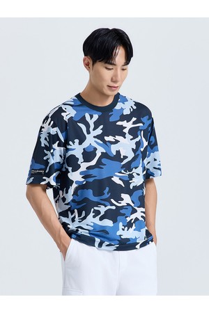 남성 카모 프린트 라운드 반팔 티셔츠 네이비_NAVY-a
