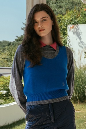 (WOMEN) Two Tone Knit Vest_Turkish blue