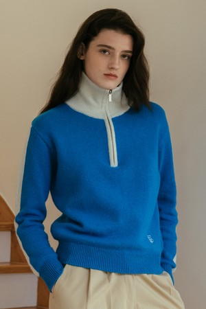 (UNI) Two Tone Half Zip-up Wool Knit_Blue