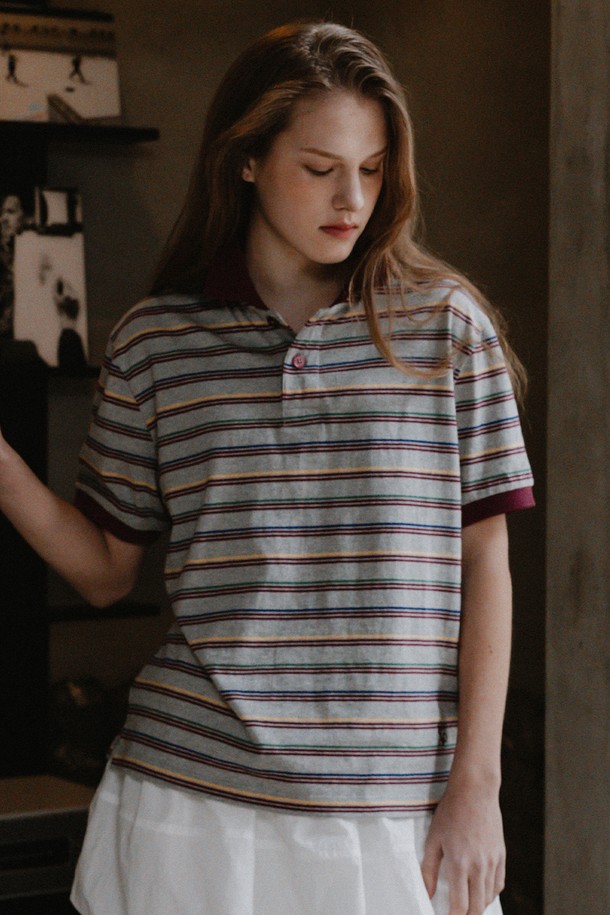 Studio & Parc - 반소매 티셔츠 - (WOMEN) Stripe Pique Shirt_Burgundy