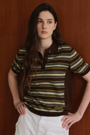 Striped Collar Short Sleeve Knit_Brown_BROWN-a