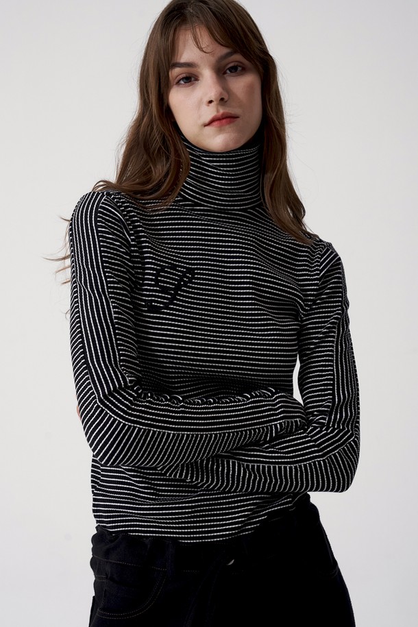 SIGREAT - 긴소매 티셔츠 - [22FW] STRIPE TURTLENECK T-SHIRT_BLACK 스트라이프 터틀넥