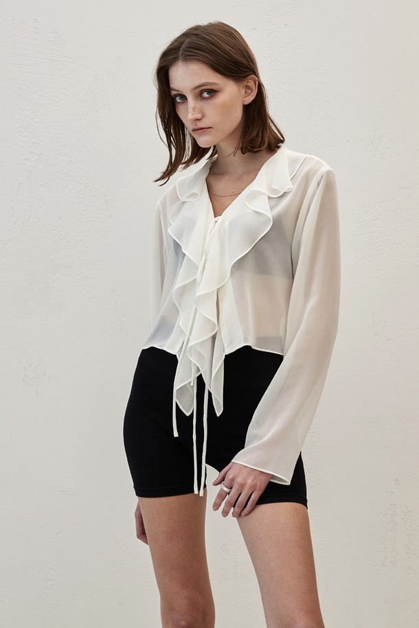 SIGREAT - 블라우스 - [23SS] SEETHROUGH LUFFLE BLOUSE_ WHITE 시스루 러플 블라우스