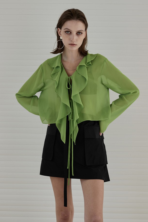 SIGREAT - 블라우스 - [23SS] SEETHROUGH LUFFLE BLOUSE_ GREEN 시스루 러플 블라우스