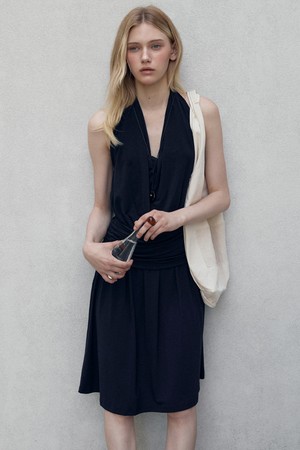 HALTER SHIRRING JERSEY DRESS_NAVY