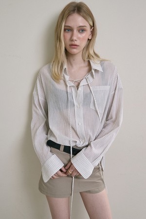 AIRY STRIPE LACE-UP SHIRT_BEIGE