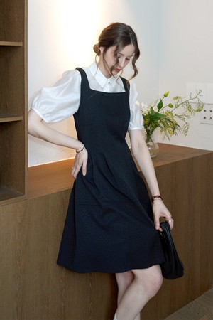 자가드 스퀘어 슬리브리스원피스_BLACK