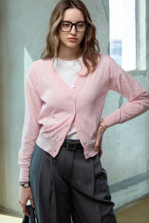 코튼 시스루 브이가디건_PINK