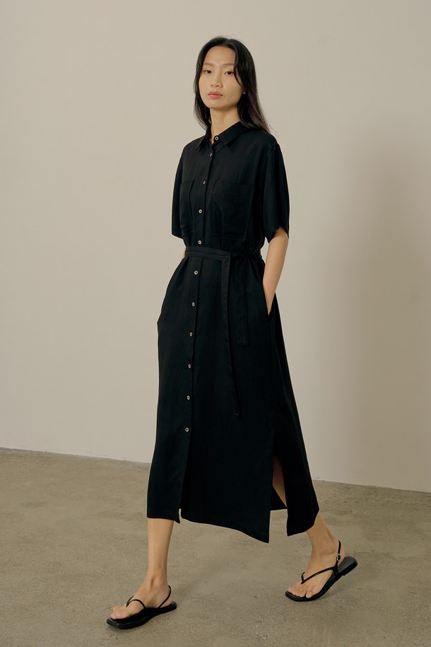 NEBELEVERYWEAR - 반소매 원피스 - Classic poket shirt dress_black