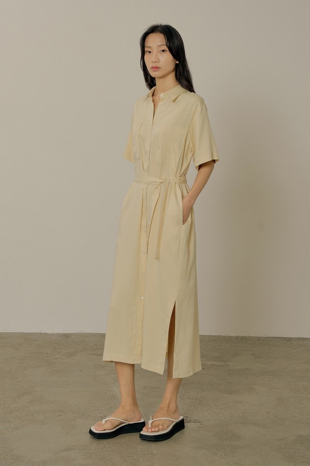 NEBELEVERYWEAR - 반소매 원피스 - Classic poket shirt dress_yellow beige