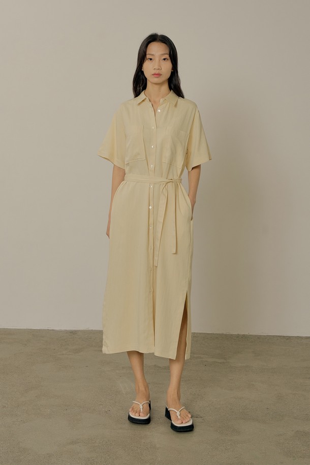 NEBELEVERYWEAR - 반소매 원피스 - Classic poket shirt dress_yellow beige